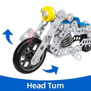 A close-up view of a metal building motorcycle construction kit showing the head turn mechanism.