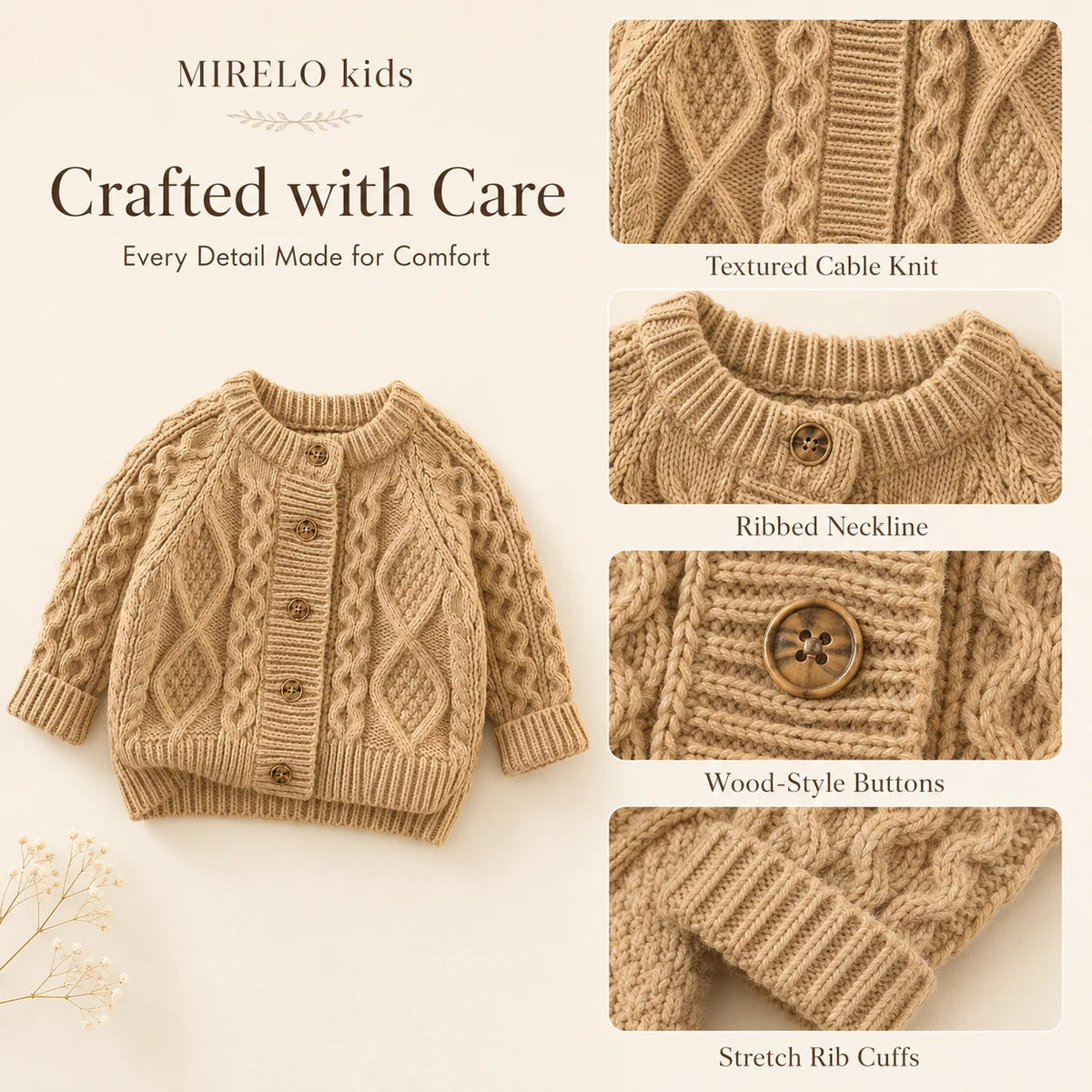 A beige textured cable knit cardigan sweater for kids featuring a ribbed neckline, wood-style buttons, and stretch rib cuffs.