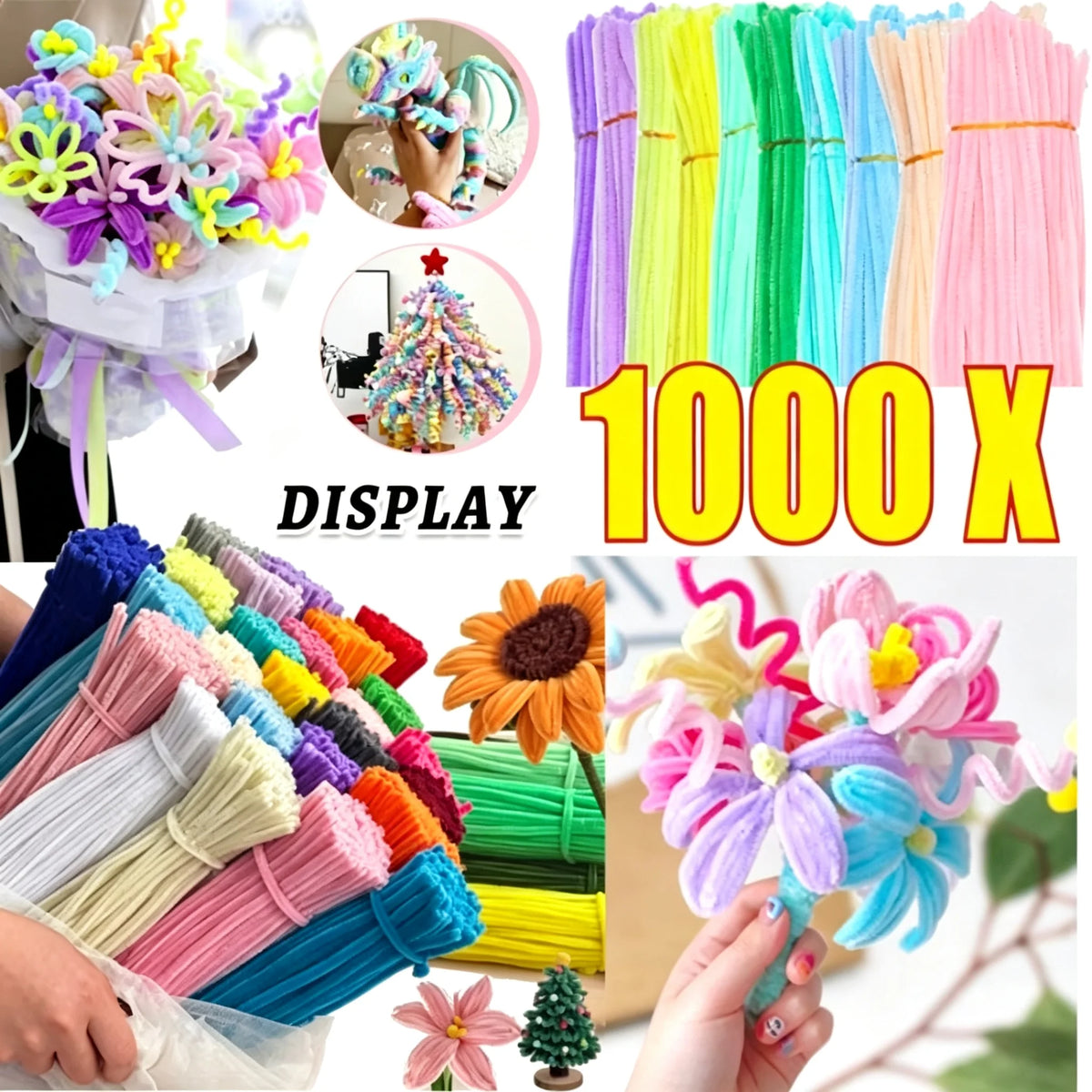 A display of colorful bendable chenille craft stems in various shades of purple, green, pink, and yellow.