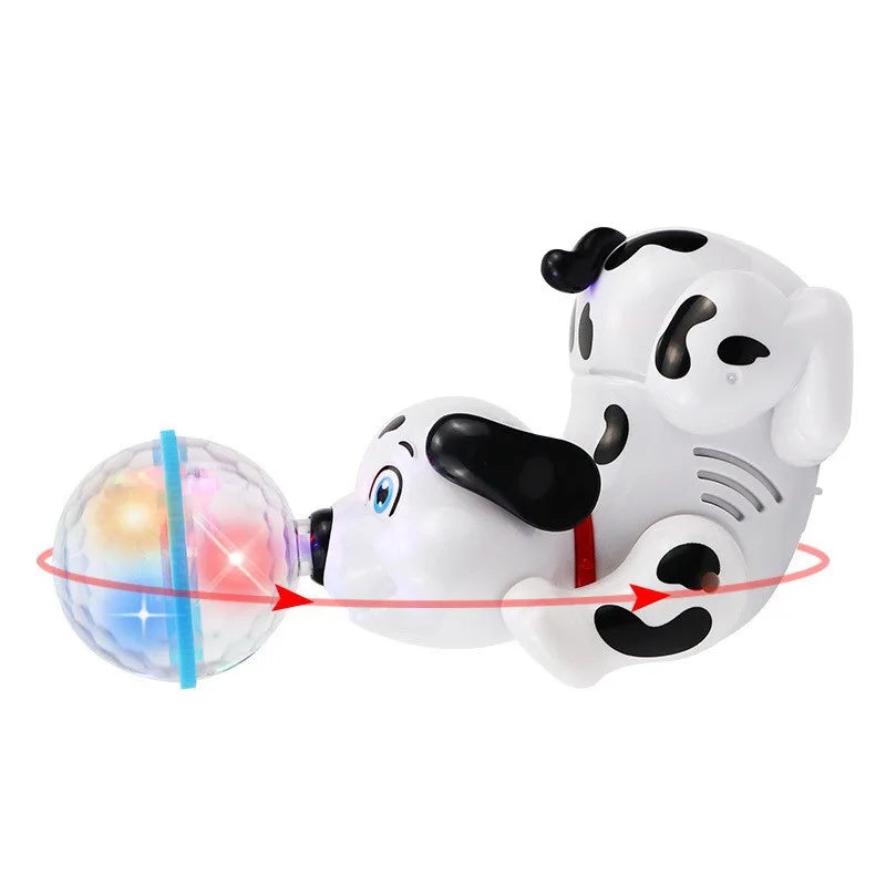 A white and black stuffed dog toy resembling a Dalmatian is shown with colorful lights and sound features.