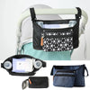 A black organizer bag with a patterned front is shown hanging on a stroller bar, alongside smaller versions.