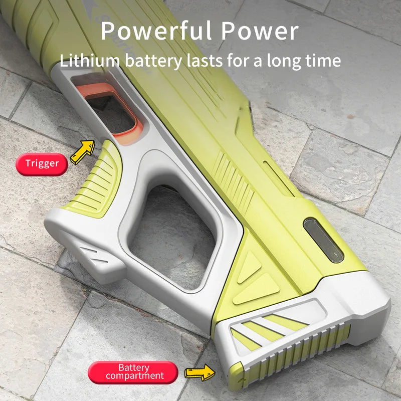 A yellow and silver electric automatic water gun is shown with a trigger and battery compartment visible.