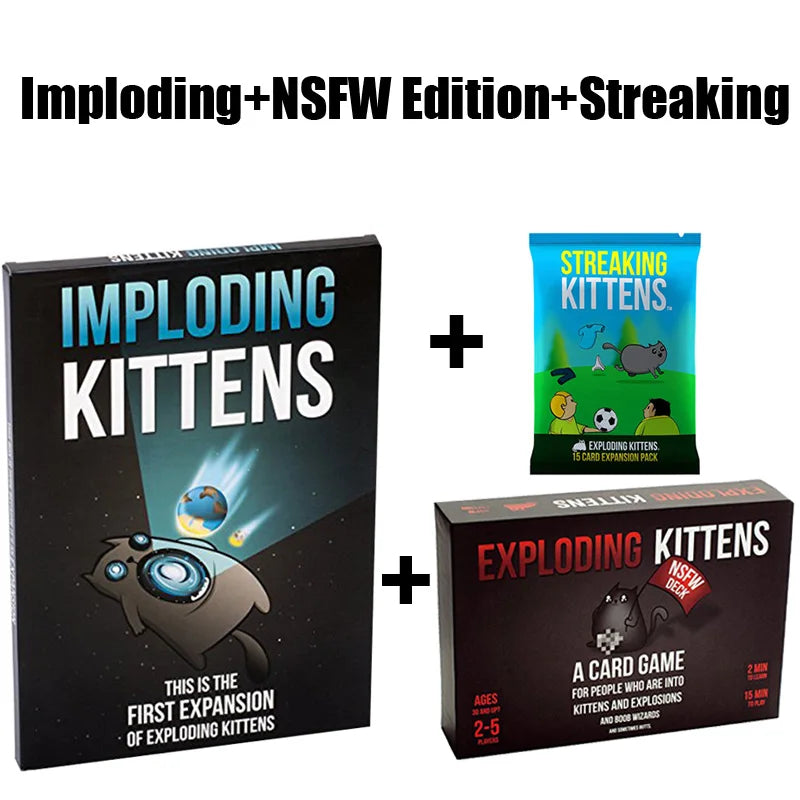 Box art for Imploding Kittens featuring a cartoon cat and various game elements.
