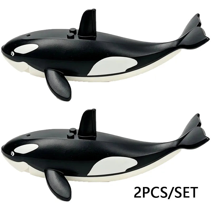 A black and white shark marine animal building block set featuring a dorsal fin and tail.
