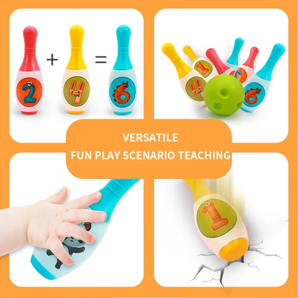 A versatile foam bowling set for kids featuring numbered and animal-themed pins and a ball.