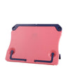 A pink adjustable portable book stand with blue accents.