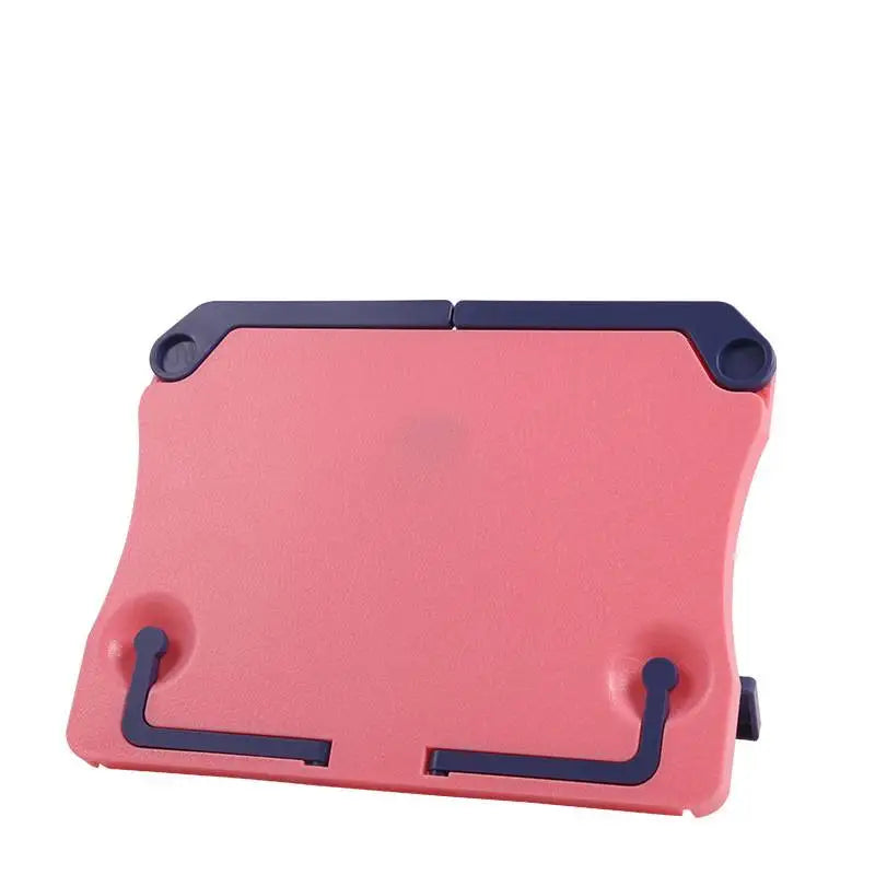 A pink adjustable portable book stand with blue accents.