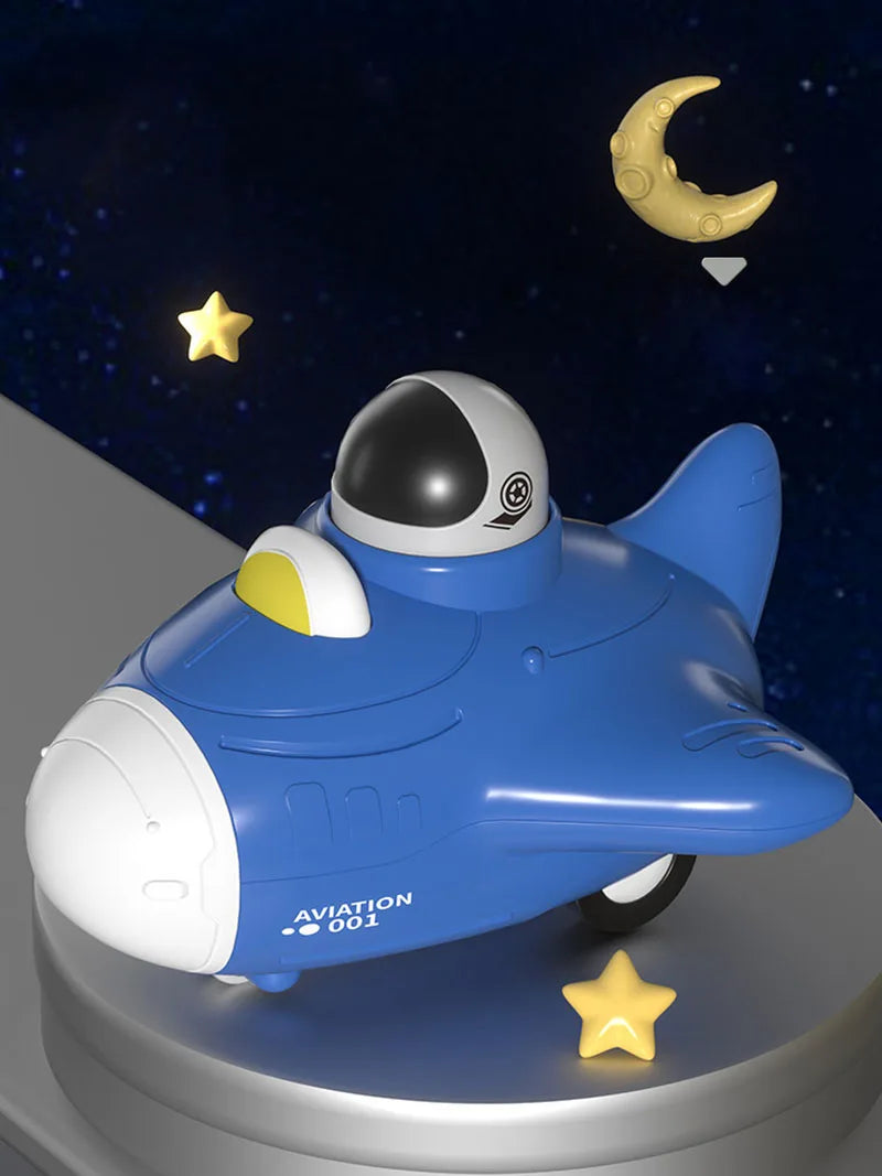 A blue pull-back toy car with a silver cockpit and yellow stars floating in a dark night sky.
