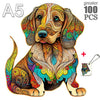 A detailed, colorful illustration of a puppy dog in a seated pose, featuring intricate line work and vibrant paint effects.