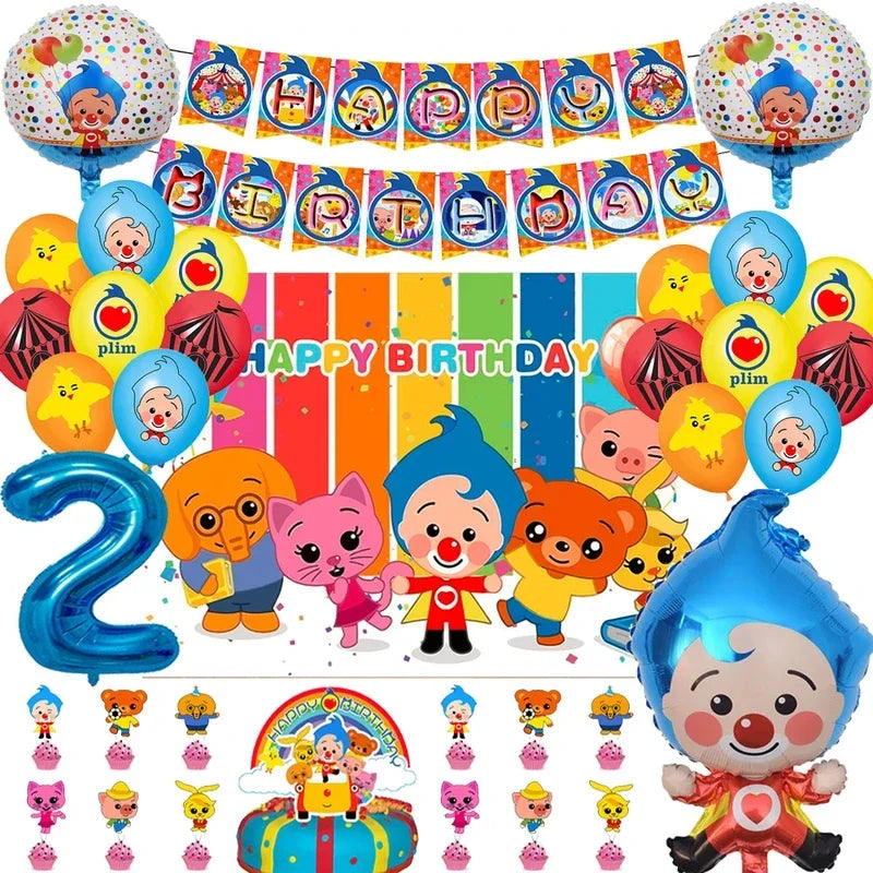Colorful balloon party decorations featuring circus clowns and balloons for a child's birthday