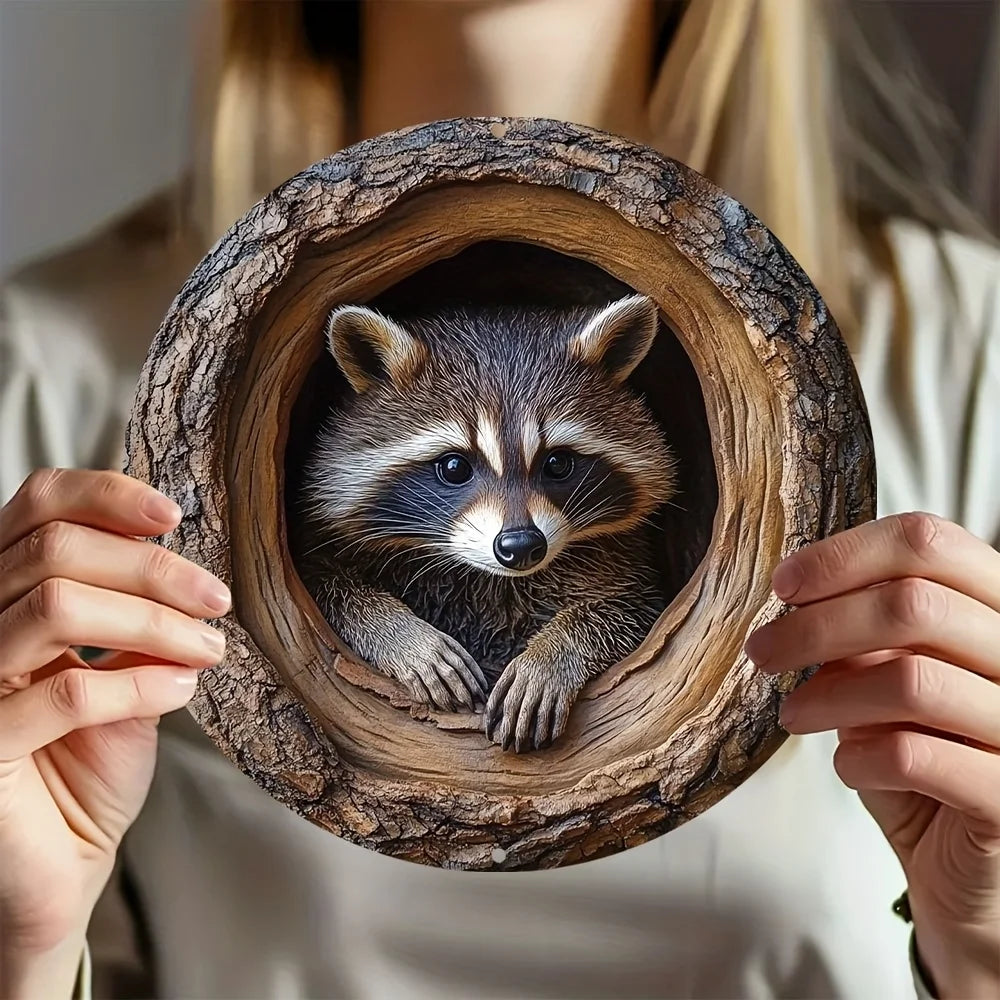 A raccoon is visible inside a natural tree hollow framed in wood, held by a person.