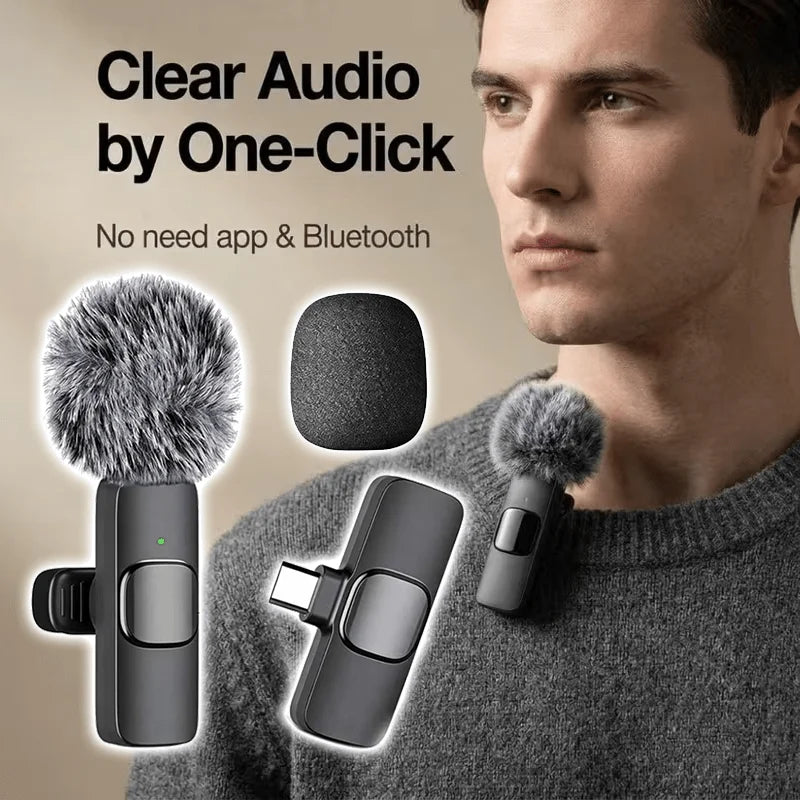 A man is wearing a clear audio wireless lavalier microphone attached to his shirt, with the microphone and a separate clip sh