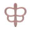 A pink silicone butterfly teether with a textured grip for babies.