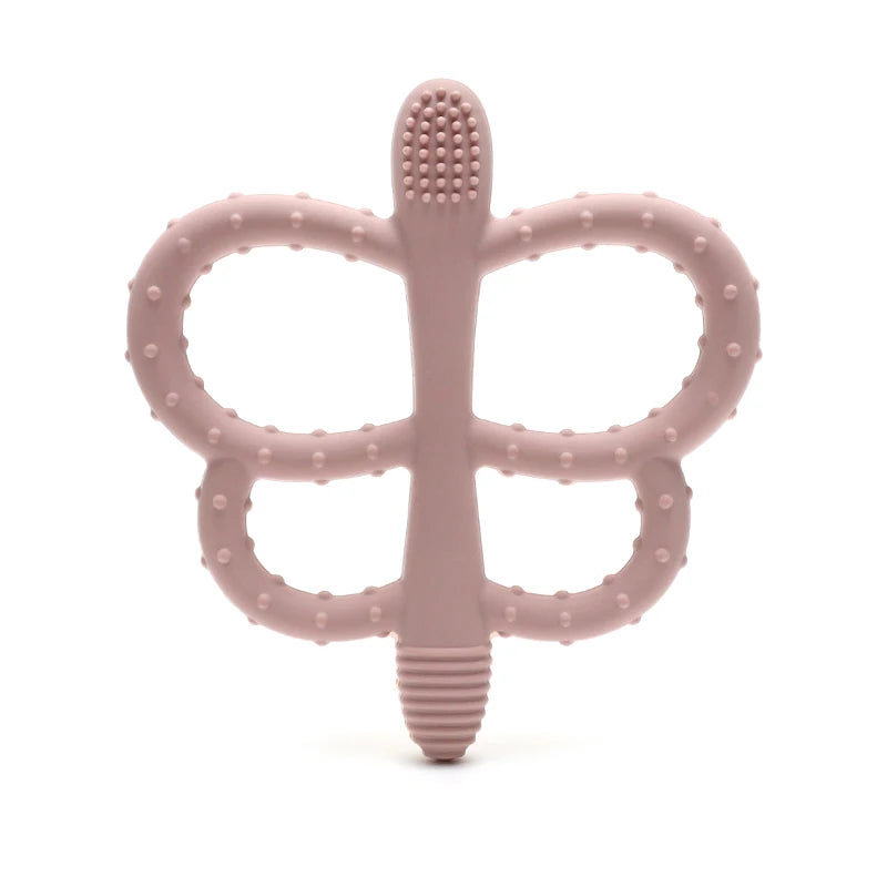 A pink silicone butterfly teether with a textured grip for babies.