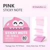 Pink sticky note box with 80 sheets and a pull-through dispenser shown next to the individual notes.