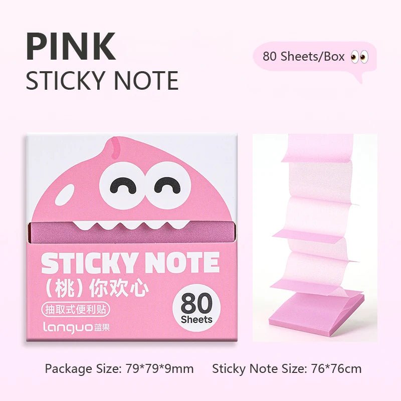Pink sticky note box with 80 sheets and a pull-through dispenser shown next to the individual notes.