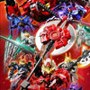 A dynamic illustration of a red and black mecha figure in an aggressive pose against a fiery background.
