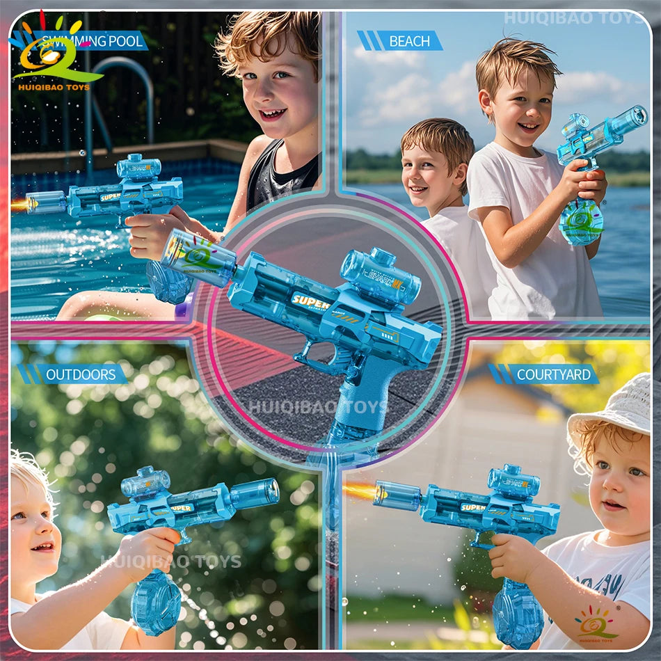 Children playing with blue electric pulse water guns and simulated flame effect toys outdoors.