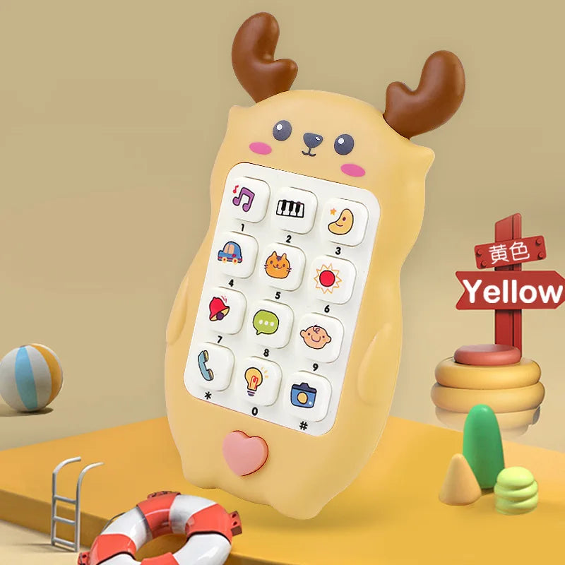 A yellow baby phone toy shaped like a bear with antlers, featuring buttons for music, sounds, and teether functions.