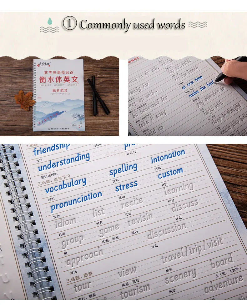 A set of three reusable English italic handwriting practice copybooks showing various vocabulary and grammar exercises.