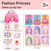 A box containing a Fashion Princess dress up toy box with various craft materials like paper, stickers, and glue.