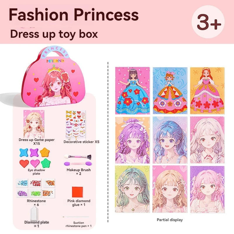 A box containing a Fashion Princess dress up toy box with various craft materials like paper, stickers, and glue.