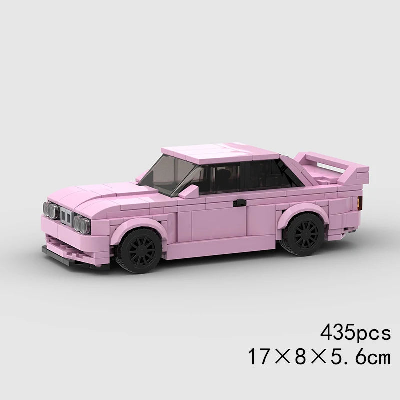 A pink classic rally car building block set with black accents and a dark window.