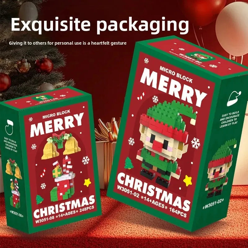 A green box of Merry Christmas micro building blocks featuring Santa and reindeer figures.
