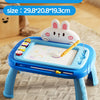 A blue magnetic drawing board with table legs and a white rabbit figure is shown on a light fabric.