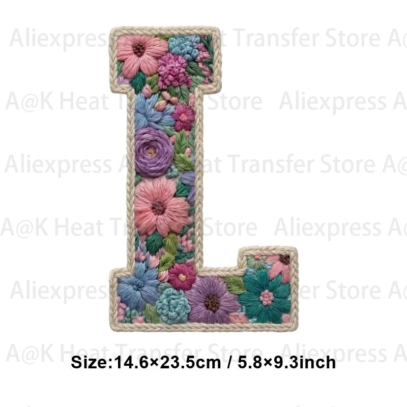 Floral letter L patch made of fabric flowers for DIY clothing and accessories