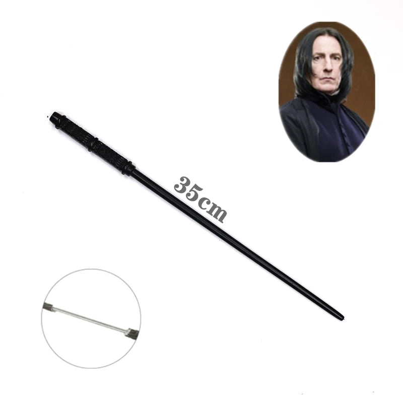 A long, black metal cosplay magic wand with a decorative handle and a portrait of a historical figure.