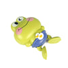 A bright lime green rubber frog toy with large eyes and a blue belly, designed for bath time.
