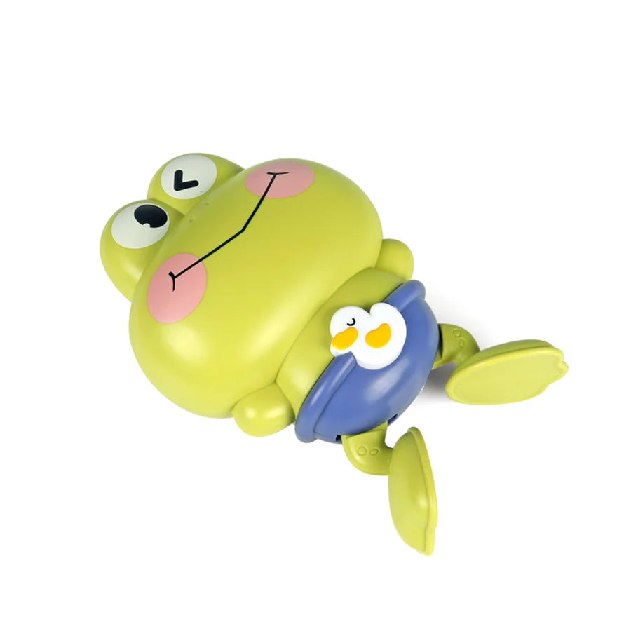 A bright lime green rubber frog toy with large eyes and a blue belly, designed for bath time.