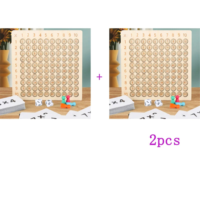 Two wooden multiplication boards for a Montessori game, showing the grid layout and corresponding answer tiles.