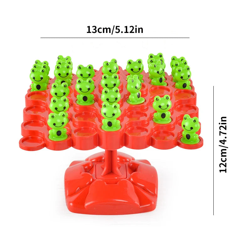 A red frog balance tree math game with twelve green frogs arranged in rows.