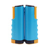 A set of blue and yellow retractable table tennis net, paddles, and balls.