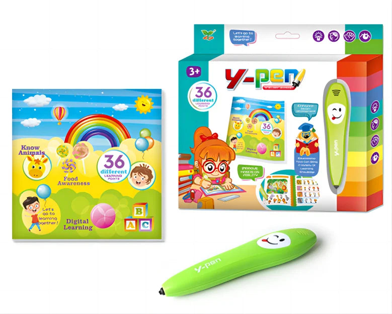 A box and a green pen of the Y-pen interactive smart reading pen and flashcard learning set for toddlers.