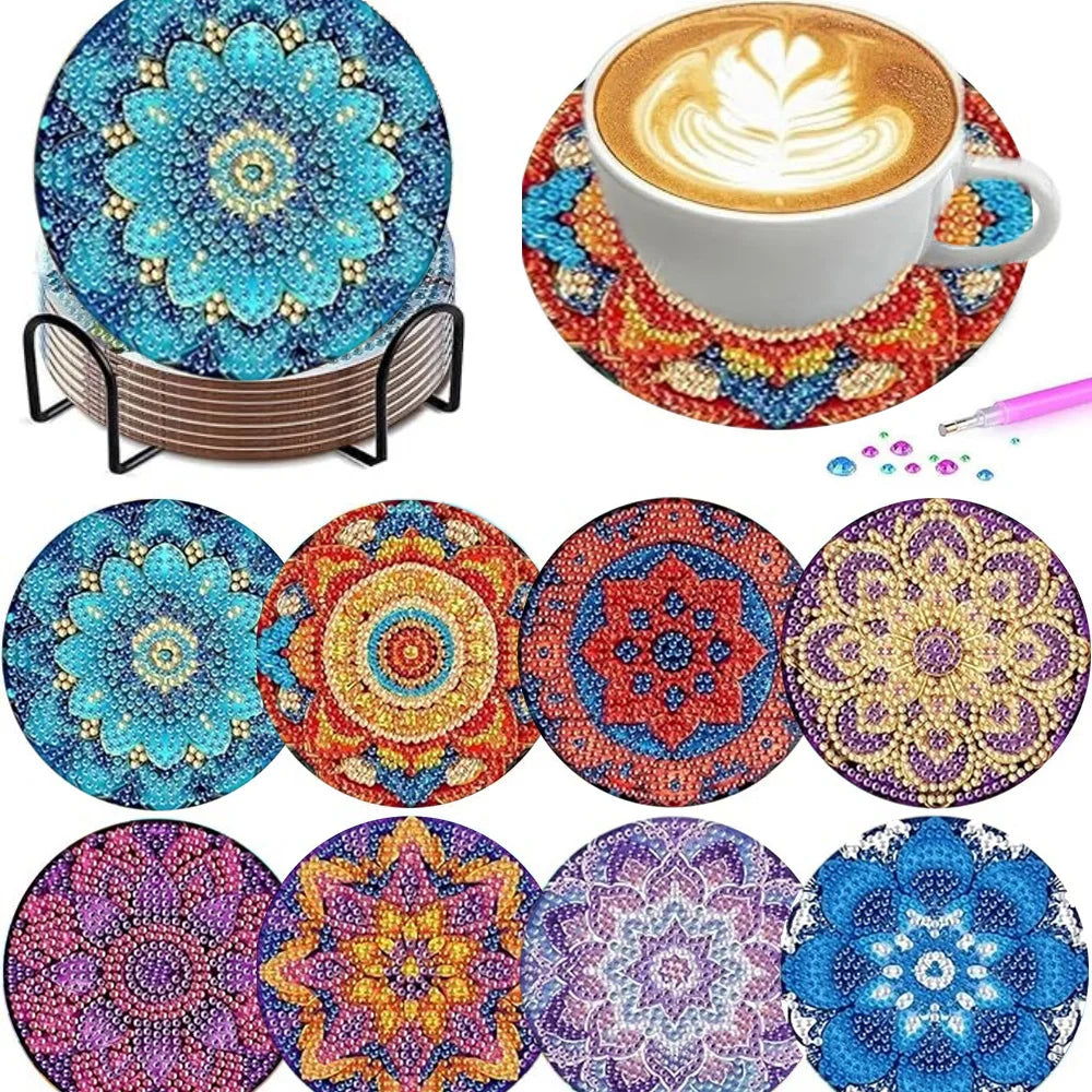 An assortment of eight diamond painting coasters in various colors and patterns displayed on a holder.