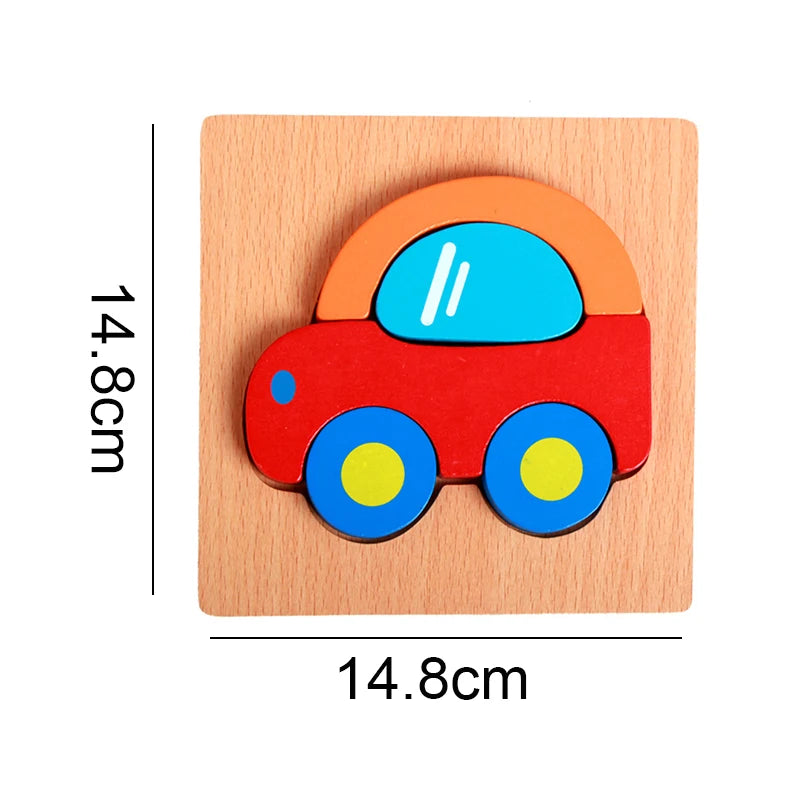 A wooden puzzle shaped like a red car with orange roof and blue windows, used for children's learning.