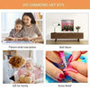 A collection of DIY diamond art kits showing parent-child interaction, wall decor, gift for family, and stress relief activit