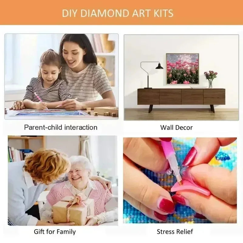 A collection of DIY diamond art kits showing parent-child interaction, wall decor, gift for family, and stress relief activit