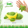 A green and yellow mini sea turtle plush toy is shown being held in a hand, with a size indicator.
