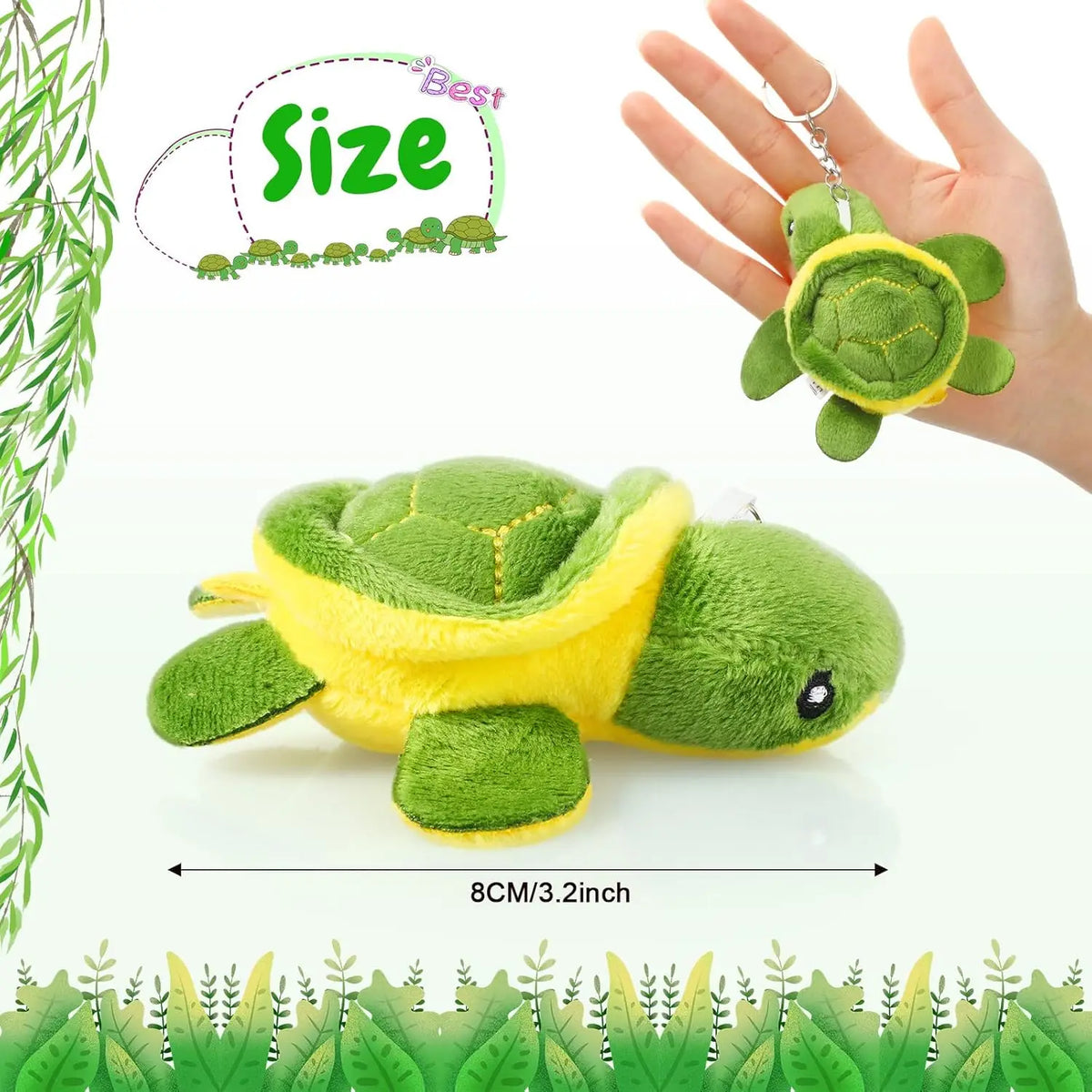 A green and yellow mini sea turtle plush toy is shown being held in a hand, with a size indicator.