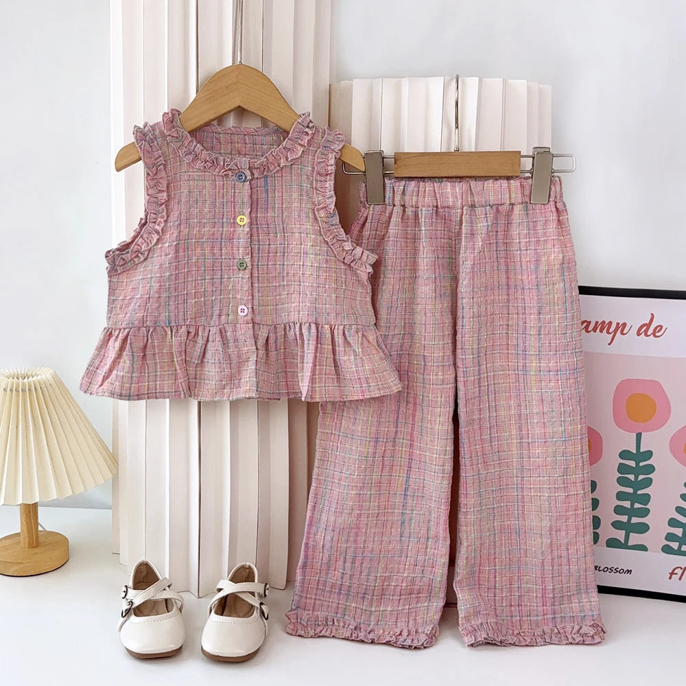 Girls' blue and white checkered lace vest and wide-leg pants set displayed on a hanger.