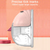 A pink hands-free wearable breast pump with tick marks showing capacity measurements.