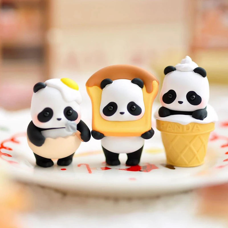 Three adorable panda-themed ice cream figures in various flavors and shapes displayed on a white plate.