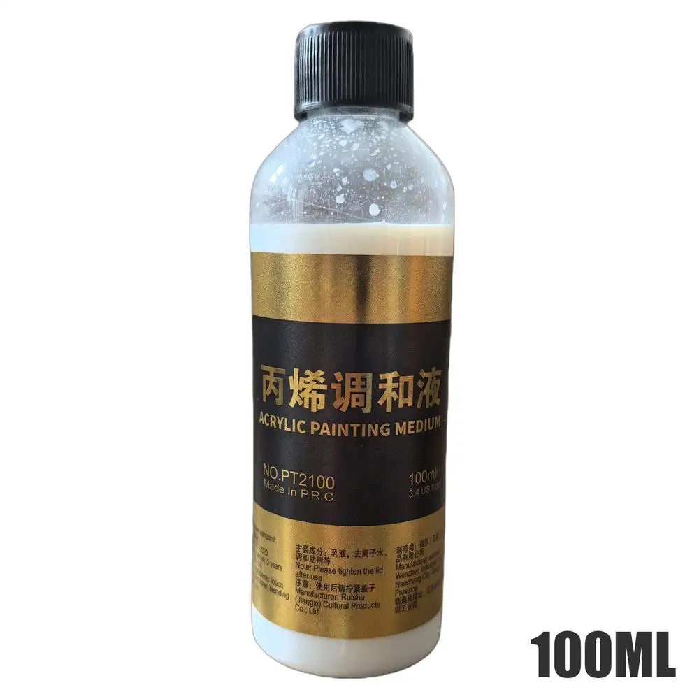 A clear bottle of 100ml acrylic painting medium with a gold-colored liquid and a black label.