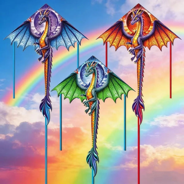 Three colorful dragon kites with rainbow lines fly against a cloudy sky.