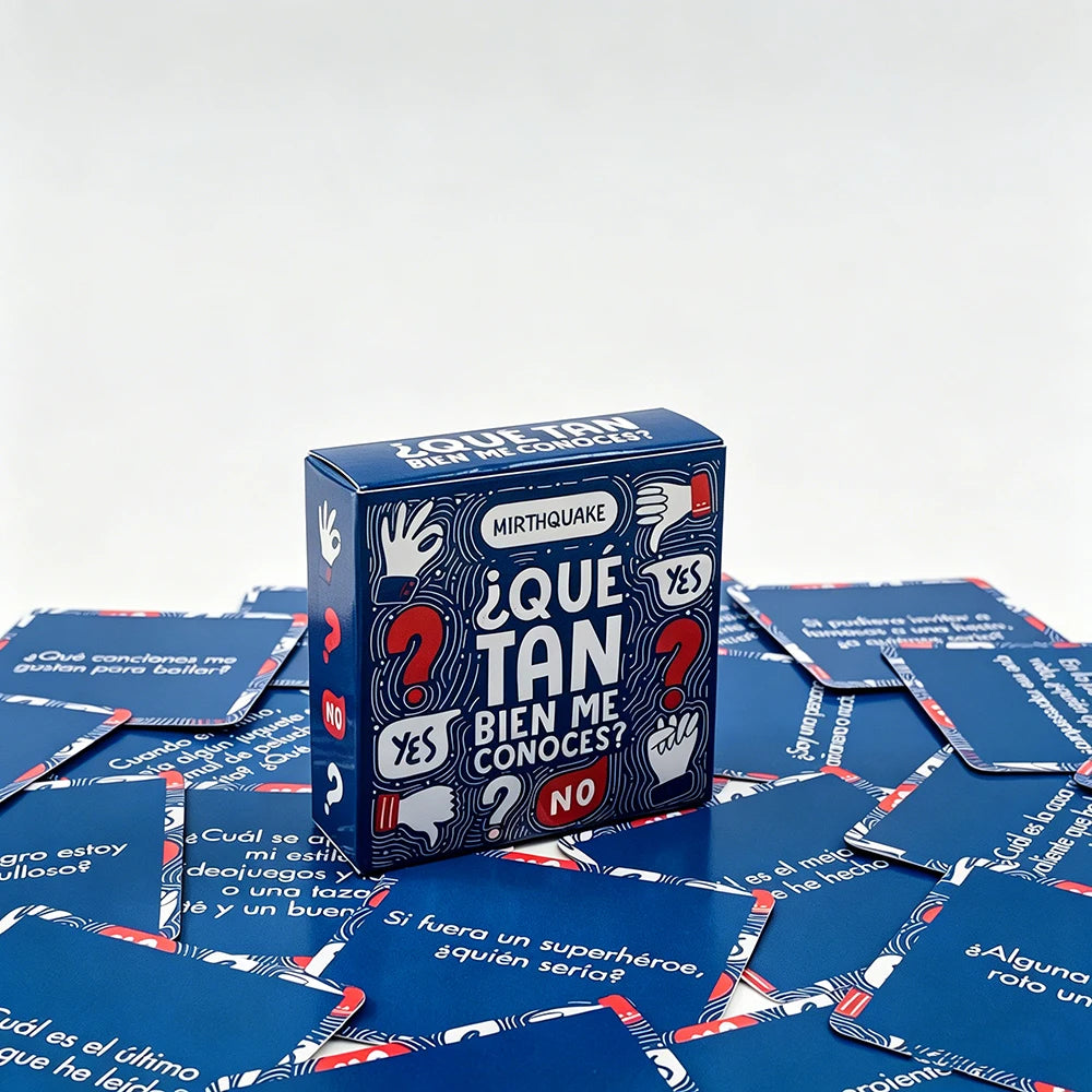 A box of Spanish mini game cards titled ¿Qué tan bien me conoces? for conversation starters.