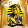 A detailed building block set of an Egyptian Pharaoh Golden Mask featuring blue and yellow stripes.